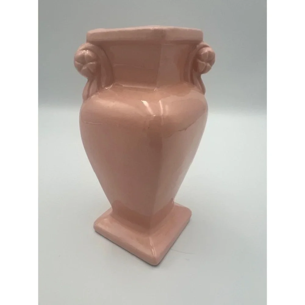 Vintage R.R.P. Co Roseville Ohio Pink Ceramic Bud Vase Hand Painted Floral 5.5